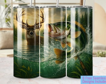 Deer Fishing Tumbler Wrap, Nature Seamless 20oz Tumbler PNG, Wildlife Tumbler Design, Outdoors Tumbler Sublimation, Animal Tumbler Wrap