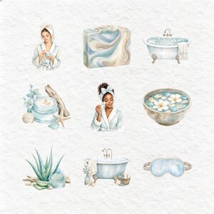 Digital clipart bundle featuring watercolor illustrations of spa and self-care elements, including women relaxing, bath items like combs, mirrors, soaps, and bath bombs, and beauty tools such as face rollers and headbands. This serene collection, rendered in soft blues and greens, is perfect for creating calming designs.