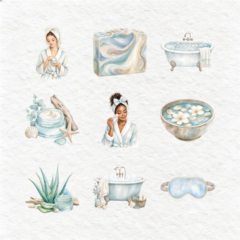 Digital clipart bundle featuring watercolor illustrations of spa and self-care elements, including women relaxing, bath items like combs, mirrors, soaps, and bath bombs, and beauty tools such as face rollers and headbands. This serene collection, rendered in soft blues and greens, is perfect for creating calming designs.