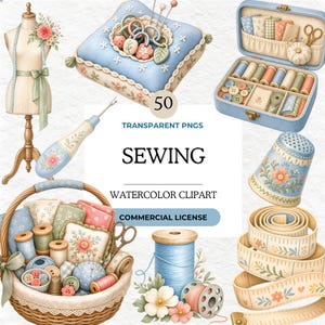 Sewing Clipart Bundle, Watercolor Craft Supplies PNG, Digital Quilting Art, Needlework Graphic, Vintage Sewing Kit, Instant Download