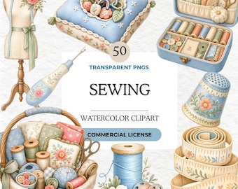 Sewing Clipart Bundle, Watercolor Craft Supplies PNG, Digital Quilting Art, Needlework Graphic, Vintage Sewing Kit, Instant Download