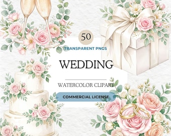 Paquete de imágenes prediseñadas para bodas, imágenes prediseñadas en acuarela, 50 imágenes PNG transparentes, champán, pastel, regalo, anillos de boda, ramos de rosas florales.