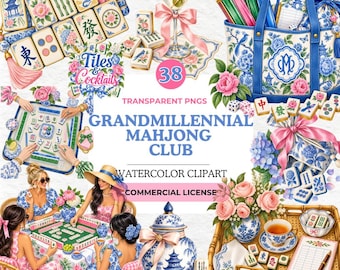 Grandmillennial Mahjong Club Clipart Bundle, Chinoiserie Watercolor Mahjong PNG, Pink Blue Floral, Vintage Mahjong Party