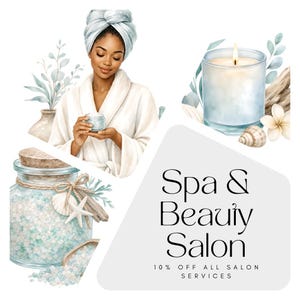K&ouml;nnte beinhalten: Aquarell-Illustration, die ein Spa- und Sch&ouml;nheitssalon bewirbt. Das Bild zeigt eine Frau in einem wei&szlig;en Bademantel und Handtuch, die einen Cremetiegel h&auml;lt. Weitere Elemente sind eine brennende Kerze, Badesalze und der Text "Spa & Beauty Salon".