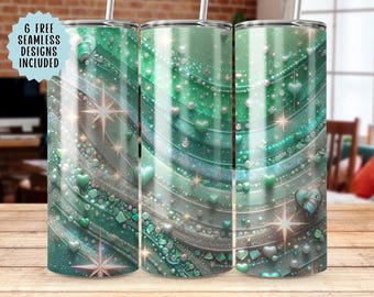 Green Hearts Seamless Tumbler Wrap PNG, 20oz Skinny Tumbler Design, Sparkle Tumbler Sublimation Design, 300 DPI Digital Download