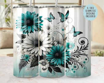 Teal Daisy Butterfly Seamless 20oz Tumbler Wrap PNG 300 DPI, Floral Tumbler Design, Digital Download, Tumbler Sublimation, Printable Design