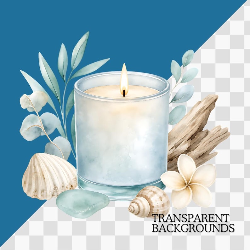 K&ouml;nnte beinhalten: Eine brennende Kerze in einem transparenten Glas, umgeben von Muscheln, Treibholz und einer wei&szlig;en Blume. Die Kerze hat eine sanfte Flamme. Der Hintergrund umfasst Bl&auml;tter und ein blaues und transparentes Design.