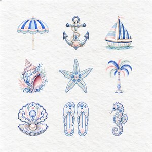 An array of charming watercolor marine and beach items, featuring a pearl in an oyster, stylish sunglasses, a sea turtle, a shrimp, a whale tail, patterned flip-flops, and a message in a bottle. The artistic style incorporates delicate blue and white patterns, exuding a chic seaside vibe.