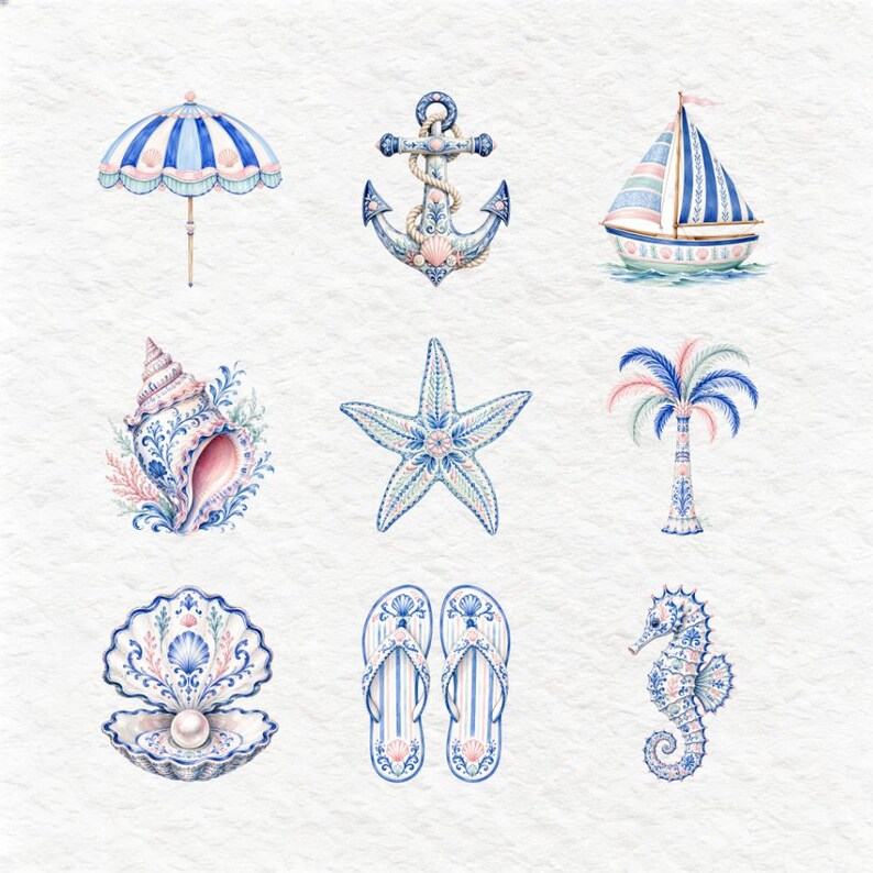 An array of charming watercolor marine and beach items, featuring a pearl in an oyster, stylish sunglasses, a sea turtle, a shrimp, a whale tail, patterned flip-flops, and a message in a bottle. The artistic style incorporates delicate blue and white patterns, exuding a chic seaside vibe.