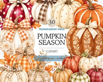 Pumpkin Season Clipart Bundle, Watercolor Autumn Pumpkins, Fall Sublimation, Harvest Decor PNG, Thanksgiving Digital Art