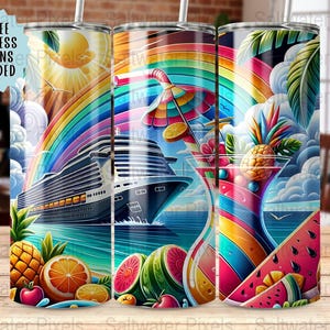 Cruise Ship Rainbow Seamless 20oz Tumbler Wrap PNG 300 DPI, Summer Tropical Fruit Cocktail Tumbler Design, Vacation Tumbler Sublimation