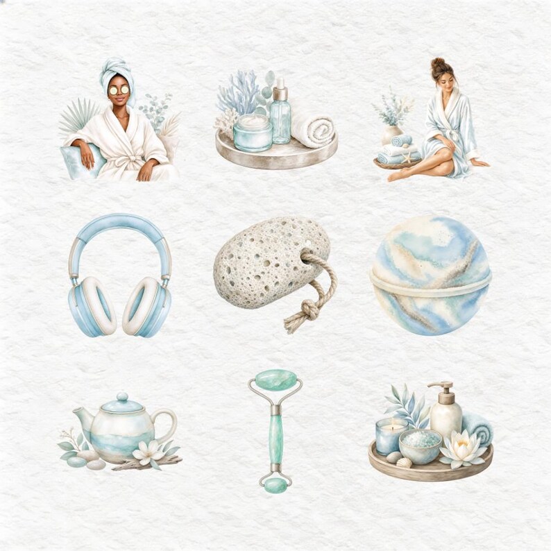 K&ouml;nnte beinhalten: Aquarell-Illustration von Spa- und Selbstpflegeartikeln. Das Bild zeigt eine Person im Bademantel, Kopfh&ouml;rer, einen Bimsstein, eine Badekugel, eine Jade-Rolle, eine Teekanne und ein Tablett mit Spa-Produkten. Die Farbpalette ist in sanften Blau- und Wei&szlig;t&ouml;nen gehalten.