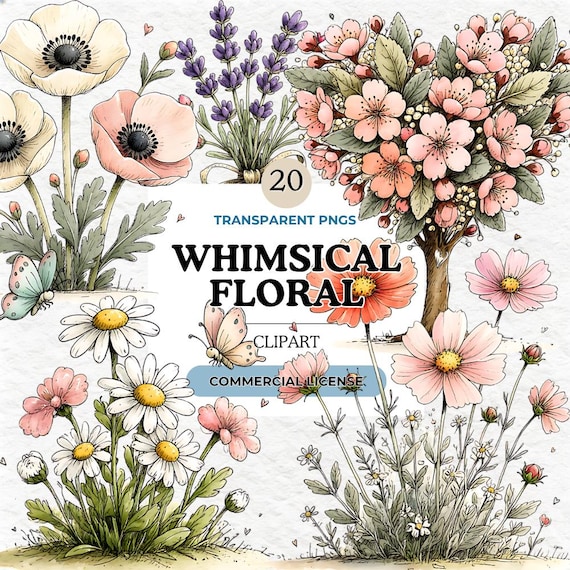 Whimsical Floral Clipart Bundle, 20 PNG Designs, Flower Clip Art, Watercolor Flowers, Transparent Background, 300 DPI, 5000x5000 px