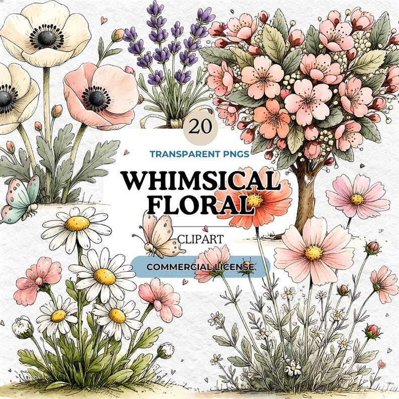 Whimsical Floral Clipart Bundle, 20 PNG Designs, Flower Clip Art, Watercolor Flowers, Transparent Background, 300 DPI, 5000x5000 px image 1