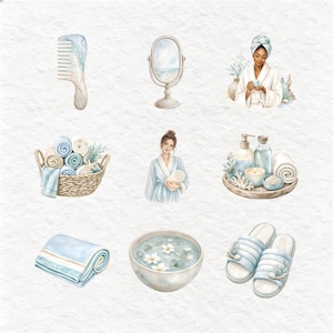 Watercolor clipart design with a soothing palette of blues, greens, and neutrals, evoking a sense of calm and relaxation. The images depict various spa-related items like towels, candles, diffusers, skincare products, and scenes of people enjoying self-care routines. Ideal for wellness and beauty-themed projects.