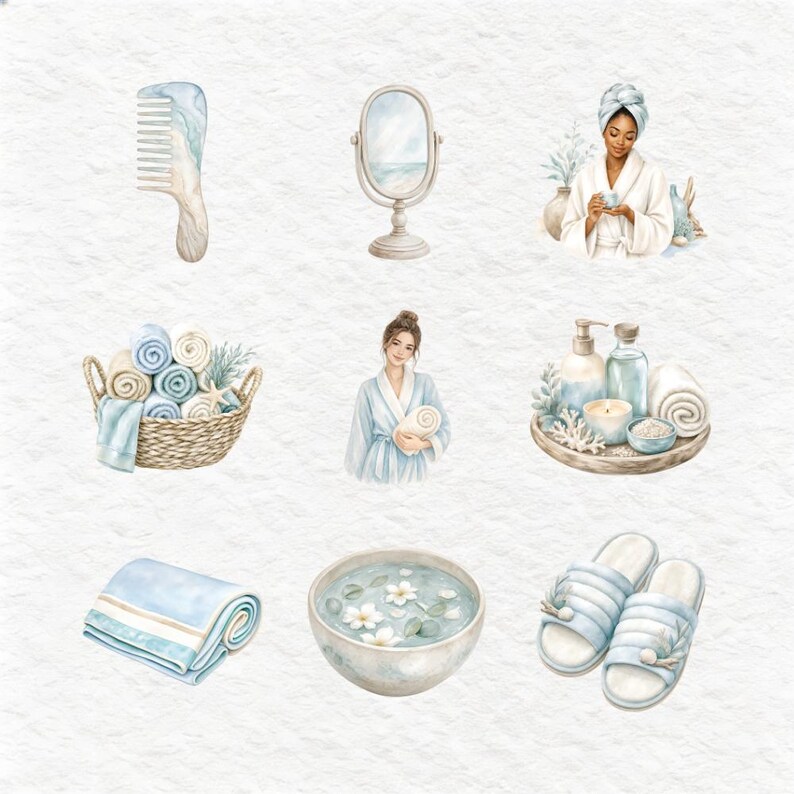 Watercolor clipart design with a soothing palette of blues, greens, and neutrals, evoking a sense of calm and relaxation. The images depict various spa-related items like towels, candles, diffusers, skincare products, and scenes of people enjoying self-care routines. Ideal for wellness and beauty-themed projects.