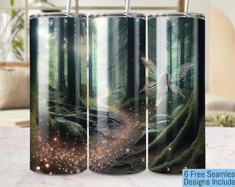 Envoltura para vaso de 20 oz sin costuras con diseño de cuento de hadas del bosque, Bosque mágico PNG de 300 DPI, Envoltura con diseño de hadas etéreas, Diseño de sendero boscoso Fairycore