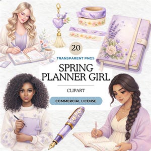 Peut inclure: Une collection d'images numériques intitulée 20 TRANSPARENT PNGS SPRING PLANNER GIRL CLIPART COMMERCIAL LICENSE comprenant des illustrations de personnes écrivant dans des agendas, un pendentif cœur lavande, du ruban adhésif floral et un stylo plume.