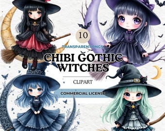Gothic Witch Clipart Set: Chibi Halloween Witches PNG (Digital Download)