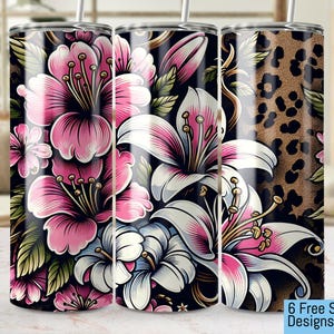 May include: Three stainless steel tumblers with different designs. The first tumbler features a pink and white floral pattern. The second tumbler features a white and pink floral pattern. The third tumbler features a brown and black leopard print pattern.