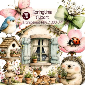 Lente clipartbundel, aquarel dieren clipart, vogelhuisje clipart, lieveheersbeestje clipart, bloemen clipart, lente graphics