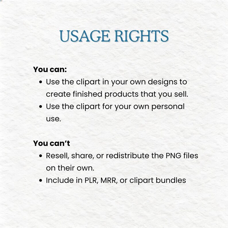 K&ouml;nnte beinhalten: Bild mit blauem Text "USAGE RIGHTS". Der Text erkl&auml;rt, was Sie mit dem Clipart tun d&uuml;rfen und was nicht, einschlie&szlig;lich der Verwendung in eigenen Designs und f&uuml;r den pers&ouml;nlichen Gebrauch, aber nicht den Weiterverkauf der PNG-Dateien.