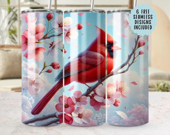 Cardinal Bird Tumbler Wrap PNG, Cherry Blossom 20oz Skinny Tumbler Design, Floral Spring Sublimation Design, Seamless 300 DPI File