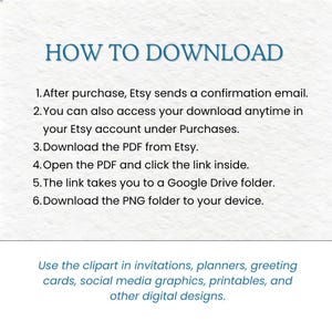 May include: A digital instruction guide titled HOW TO DOWNLOAD with six numbered steps explaining the process of accessing files via Etsy and Google Drive, followed by a note on using the included clipart for various digital design projects.