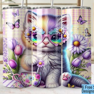 Cat with Glasses Tumbler, Floral Cat Tumbler Wrap, 20oz Seamless Tumbler Design, Butterfly Tumbler PNG, Colorful 20oz Tumbler Wrap Design