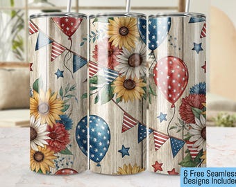 Envoltorio para vaso con flores patrióticas de EE. UU., vaso de 20 oz PNG, envoltorio floral de verano, diseño para vaso del 4 de julio, descarga instantánea