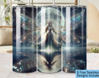 Envoltura para vaso de 20 oz sin costuras de Hada de Fantasía, diseño de Hada Mística de Luna Llena, vaso de 20 oz de Hada del Bosque Encantado, PNG Fairycore