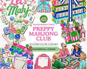 Preppy Mahjong Club Clipart, Mahjong and Martinis, Mahjong Party Graphics, Tiles and Cocktails, Girls Game Night PNG Bundle