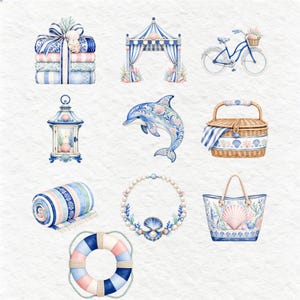 Various whimsical watercolor nautical graphics such as a dolphin, a life buoy, an anchor, a sailboat, a starfish, a seahorse, a crab, a lobster, and a beach umbrella. These detailed illustrations, primarily in cool blues, pinks, and pastels, are perfect for summer-themed creative projects.