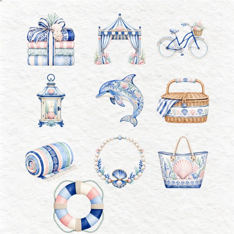 Various whimsical watercolor nautical graphics such as a dolphin, a life buoy, an anchor, a sailboat, a starfish, a seahorse, a crab, a lobster, and a beach umbrella. These detailed illustrations, primarily in cool blues, pinks, and pastels, are perfect for summer-themed creative projects.