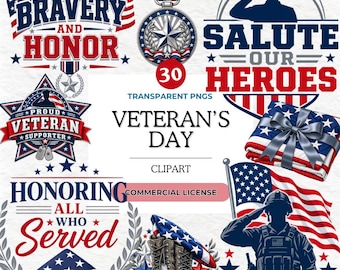 Veteran's Day Clipart Bundle, Military PNG, Patriotic Digital Art, Honor Veterans SVG, Memorial Day Graphics, Soldier Thank You Elements