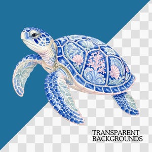 May include: A sea turtle illustration featuring a blue and white patterned shell with intricate scrollwork, pink coral, and seashell motifs. The turtle has a white head and flippers covered in blue spots, rendered in a detailed watercolour style.