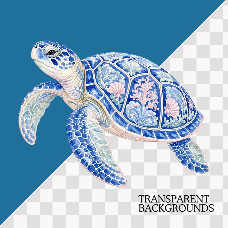 May include: A sea turtle illustration featuring a blue and white patterned shell with intricate scrollwork, pink coral, and seashell motifs. The turtle has a white head and flippers covered in blue spots, rendered in a detailed watercolour style.
