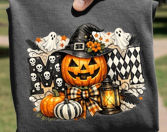 MOM Halloween Pumpkin T-shirt Design PNG, Witch Hat Jack-o-Lantern, Spooky Ghosts, Plaid Fall Autumn Digital Download
