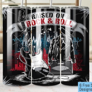 May include: Black and white tumbler with a graphic of an electric guitar, a leather jacket, and an amplifier. The text "RAISED ON ROCK & ROLL" is printed on the tumbler.