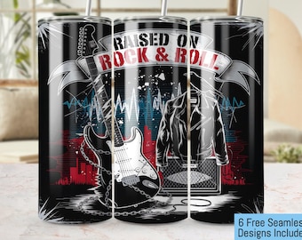 May include: Black and white tumbler with a graphic of an electric guitar, a leather jacket, and an amplifier. The text "RAISED ON ROCK & ROLL" is printed on the tumbler.