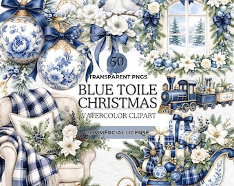 Winter Blue Toile Christmas Clipart Bundle, Shabby Chic Xmas PNG, Elegant Holiday Decor Graphics, Nordic Cottage Core, Planner Stickers