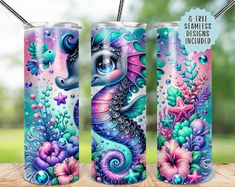 Seahorse Tumbler Wrap, Seamless 20oz PNG, Fantasy Creature Tumbler, Cute Seahorse Design, 300 DPI Sublimation, Kids Tumbler Template