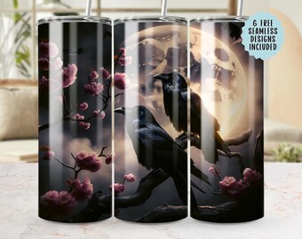 Raven Tumbler Wrap PNG, Gothic Moon Tumbler Design, Seamless 20oz Tumbler, Bird Tumbler, Dark Floral, Full Wrap, 300 DPI, halloween png