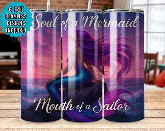 Envoltura para vaso de sirena, alma de sirena PNG, diseño de vaso delgado de 20 oz, boca de marinero sin costuras, diseño de sublimación de 300 DPI