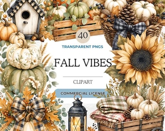 Fall Vibes Clipart Bundle, Autumn Watercolor PNG, Pumpkin Spice Clipart, Cozy Season Graphics, Thanksgiving Digital Download