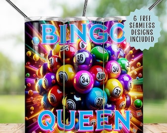 May include: A tumbler with a colourful design of bingo balls in shades of red, yellow, purple, and green. The words "BINGO QUEEN" are displayed, along with the text "6 FREE SEAMLESS DESIGNS INCLUDED".