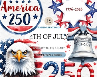 4th of July Clipart Bundle, 250th Year, USA Independence Day, Patriotic Eagle, Liberty Bell, 1776 2026 Anniversary