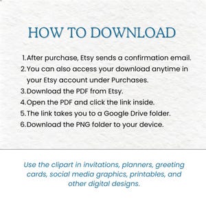 K&ouml;nnte beinhalten: Wei&szlig;er Hintergrund mit blauem Text, der &bdquo;HOW TO DOWNLOAD&ldquo; (Wie man herunterl&auml;dt) anzeigt, gefolgt von nummerierten Schritten. Die Schritte erkl&auml;ren, wie man eine digitale Datei nach dem Kauf von Etsy herunterl&auml;dt. Der Text erw&auml;hnt auch die Verwendung des Cliparts in Einladungen, Planern und anderen digitalen Designs.
