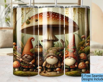 Envoltura para vaso de 20 oz sin costuras con diseño de gnomos de hongos, PNG, 300 DPI, diseño de gnomo del bosque, diseño de sublimación de gnomos, envoltura caprichosa