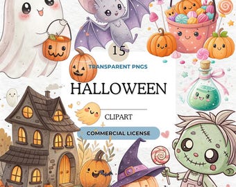 Halloween Clipart Set: Cute Watercolor Witch, Ghost, Zombie, Black Cat, Candy, Frankenstein,  Transparent PNG Bundle